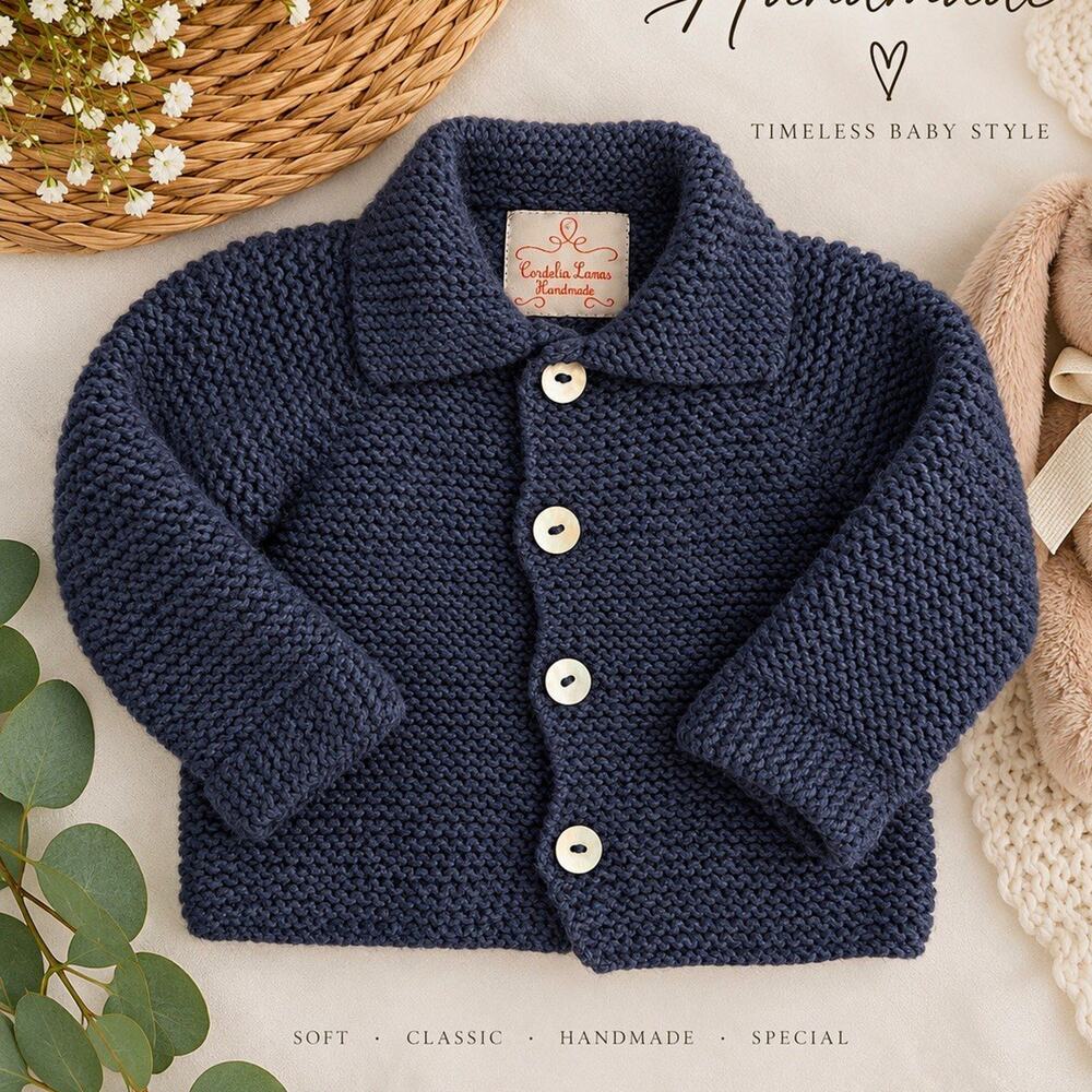 Newborn–3M Cordelia Lanas Handmade Baby Knit Cardigan Navy Made in Italy